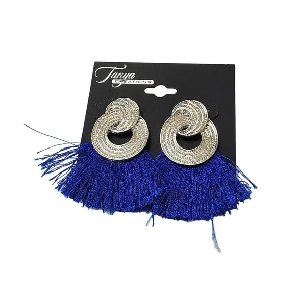 Vintage Blue Tassel Earrings Engraved Silver Tone - Picture 1 of 2